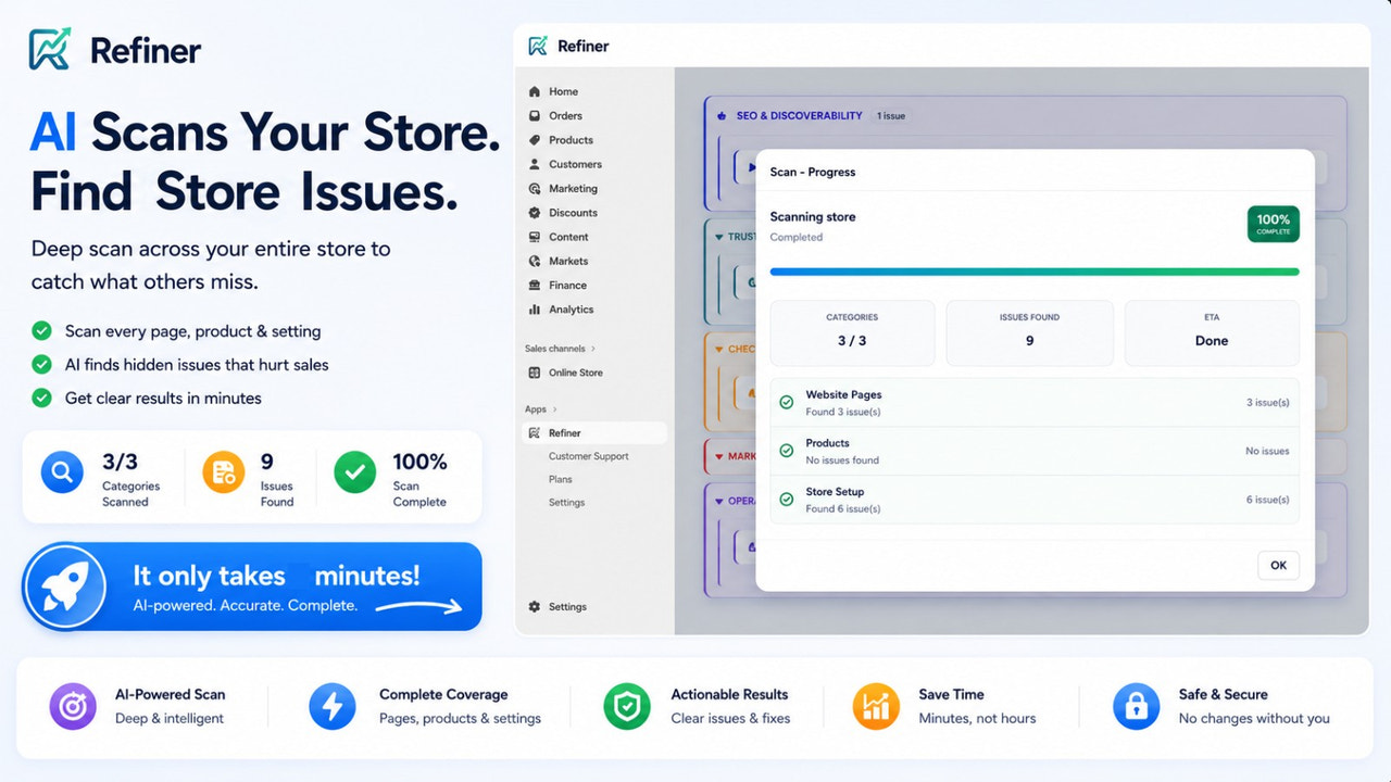Refiner full store scan progress inside Shopify Admin