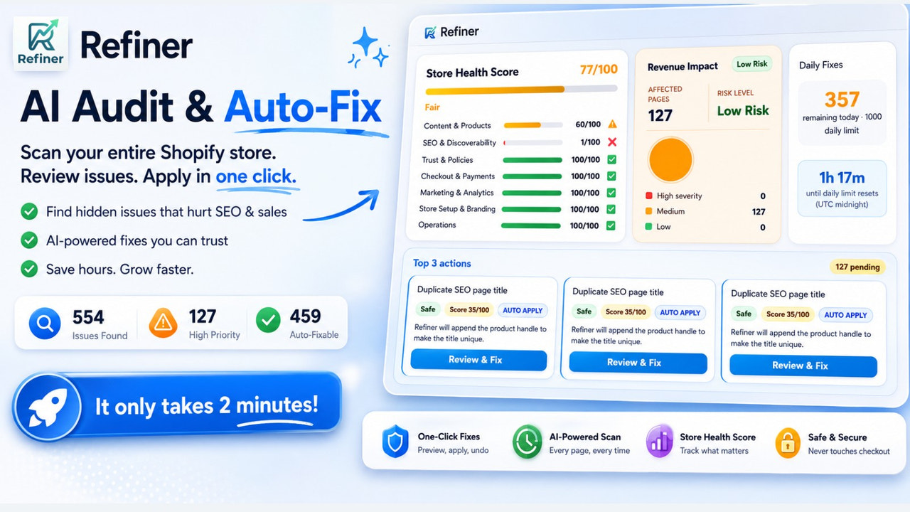 Refiner store health dashboard with issue categories and priority fixes